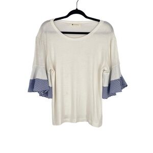 The Impeccable Pig Women's Cream Blue Striped Bell Sleeve Bohemian Blouse Size M